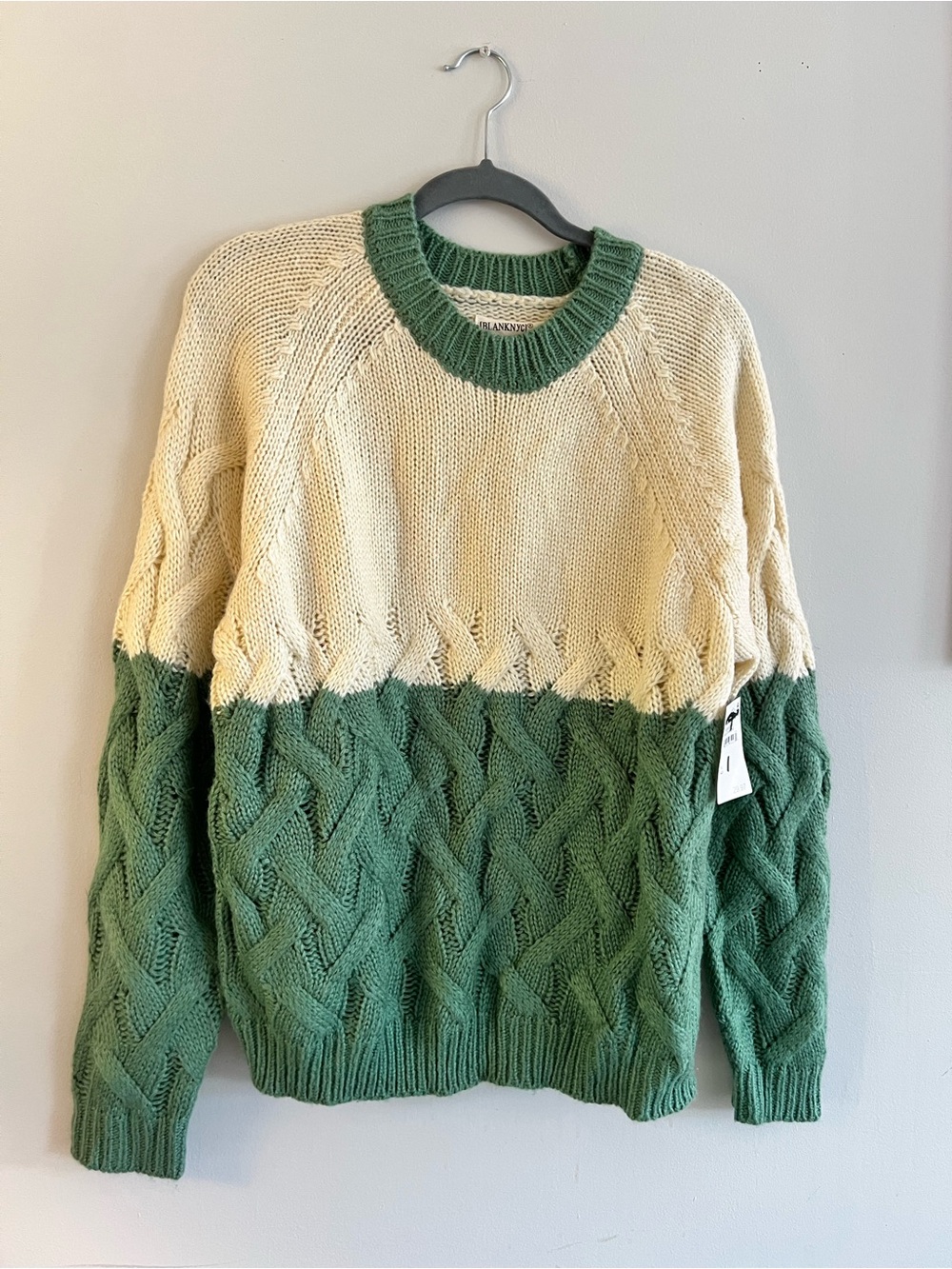 Blank NYC Two-Tone Green & Cream Cable-Knit Crewneck Sweater